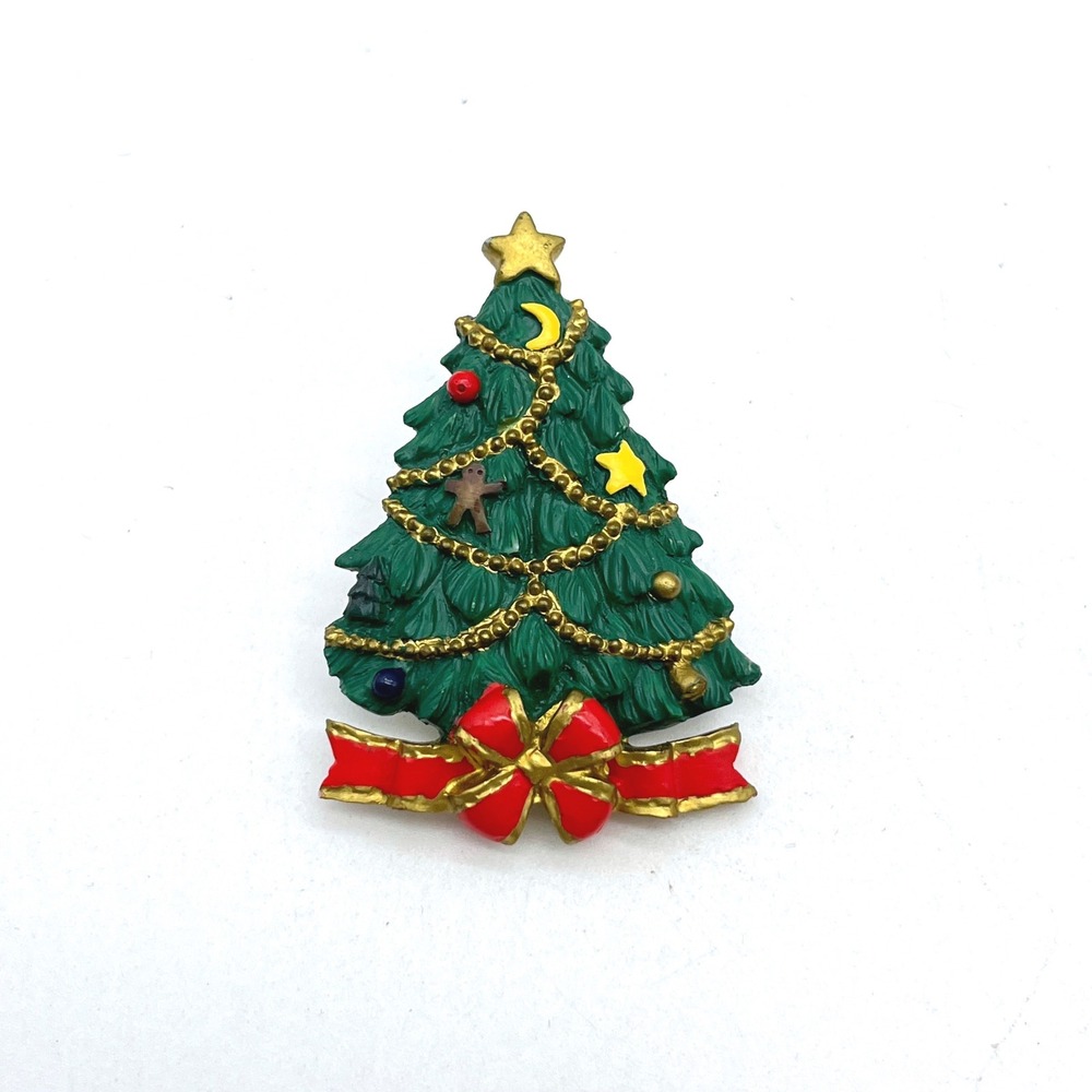 Vintage AGC Inc Christmas Tree Pin Brooch Red‎ Bow Green Enamel Star Moon